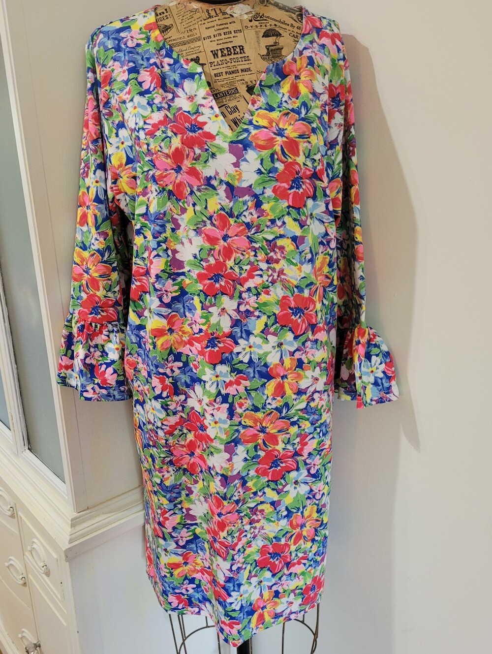 Caribbean Joe 3/4 Ruffled Sleeves Hibiscus Floral Shift Dress Large